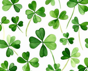 Fototapeta premium Four leaf clover, lucky leaf concept. Clover leaves, scattered pattern, organic flow, watercolor style