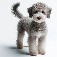 Fluffy pup with a curly coat stands proudly on a clean surface, its expressive eyes reflecting curiosity and playfulness, radiating joy and affection