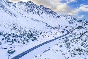 Pass road, Flüela pass in winter, aerial view, Canton Graubünden, Switzerland, Europe