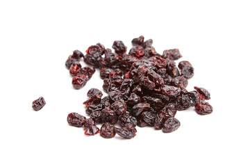 A small, scattered heap of dried cranberries with glossy, wrinkled textures and deep red hues, isolated on a white background