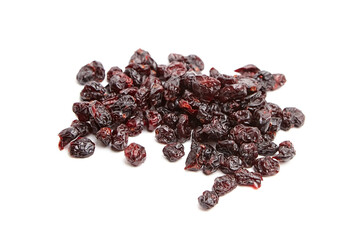 A scattered pile of dried cranberries with glossy, wrinkled textures and deep red hues, isolated on a white background