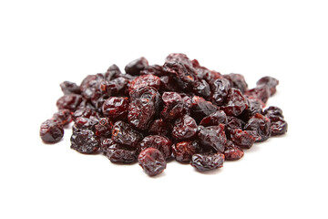 A compact heap of dried cranberries showcasing glossy textures, deep red hues, and wrinkled surfaces, isolated on a white background