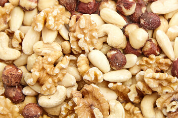 Close-up of a mixed assortment of shelled nuts including walnuts, cashews, almonds, and hazelnuts....