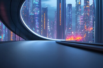 A stunning view of a futuristic bridge curving over a smooth asphalt road, with towering skyscrapers and colorful city lights in the distance.