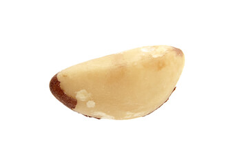 A single Brazil nut with a smooth, creamy texture and a distinctive brown patch on its surface, isolated on a white background