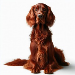 An elegant Irish Setter poses confidently with its rich, flowing red fur glistening softly. The serene expression highlights its gentle temperament, embodying grace and charm in a calm setting