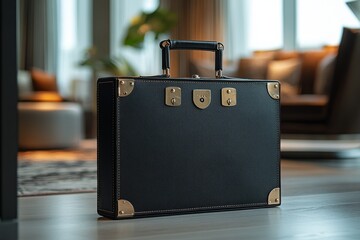 Elegant black briefcase placed in a modern living room showcasing luxury and style during the daytime