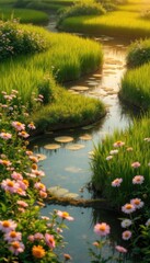 Fototapeta premium Path through a green field with blooming flowers, a rural landscape in spring.