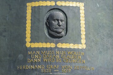 Zeppelin monument in the city park, bronze column, Friedrichshafen, Baden-Württemberg, Germany, Europe