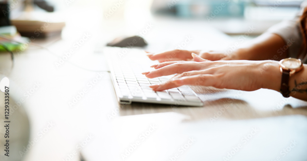 Poster woman, hands and keyboard for administration in office, professional and online for project tasks. f