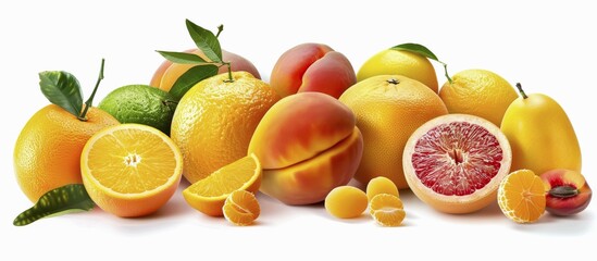 Diverse selection of fresh tropical fruits including oranges, grapefruit, peaches, and limes with leaves, AI generated