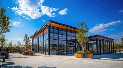 A well-designed modern warehouse, with tall glass windows and a vibrant blue sky backdrop