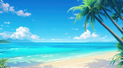 Beautiful tropical island beach view. Palm trees over azure blue sea lagoon. exotic tourism, summer vacation, seaside. Colorful natural sea sand sky view 