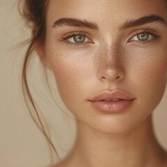 Obraz premium Professional Headshot of a Beautiful Woman Applying Moisturizer, Soft and Natural Glow