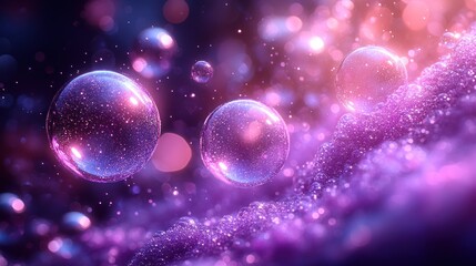 Glowing orbs float above purple foam, bokeh background, fantasy design