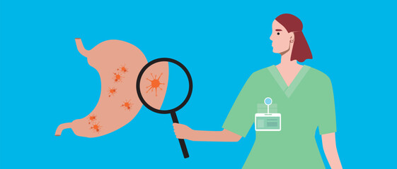 Stomach cancer concept as oncology, flat vector stock illustration with doctor and malignant tumor or stomach cancer