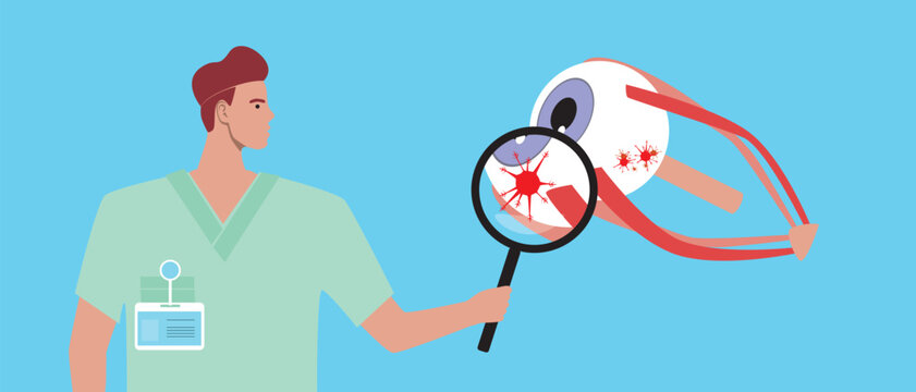 Eye cancer concept as oncology, flat vector stock illustration with doctor and malignant tumor or eye cancer