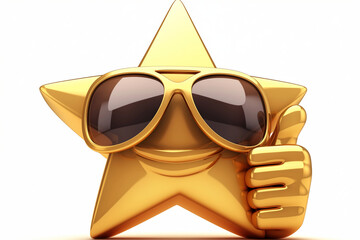 3D gold star in sunglasses with a thumb up on light backdrop