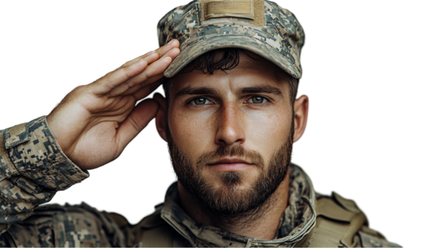 Closeup Portrait of a Soldier in Camouflage Saluting