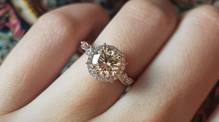 An exquisite engagement ring on a woman finger, with fine details captured in close-up view