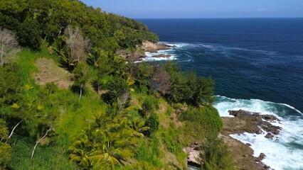 Fototapeta premium Drone view of coral hills on the edge of the sea with trees, coastal sand coral cliffs, and waves from the ocean at Sawangan Beach, Kebumen, Central Java