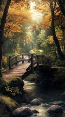 A wooden bridge crossing a peaceful stream in a forest clearing. picture