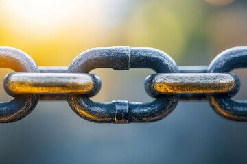 Fototapeta premium Close-up view of a metal chain showing rust and wear at sunset in an outdoor setting