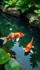 Teich mit Wassfarnen und Karpfen im japanischen Garten, wasser, pflanzen