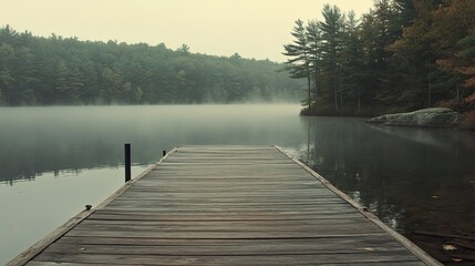 A wooden dock stretching into a foggy lake with forested hills in the distance. picture