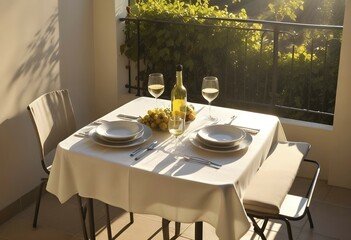 Cozy evening setting with a dining table for two, featuring wine and lemons, bathed in warm sunset light on a balcony, AI generated