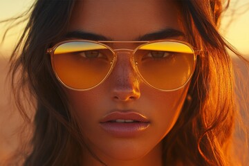 Fototapeta premium Young woman wearing yellow sunglasses during sunset near the beach in a warm summer evening