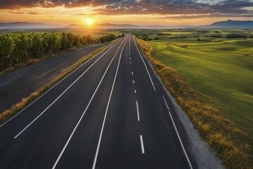 Road at sunset extending into the distance with fields and trees on either side, under a dusky sky filled with vibrant clouds, AI generated