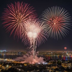 Large fireworks display over a cityscape and harbor at night, AI generated