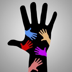 Illustrations of mother hand print with different colorful child hands inside