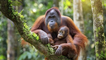 AI generated, animal, animals, mammal, mammals, biotope, habitat, one, individual, foraging, wildlife, orang, utan, two, females, juvenile, jungle, sitting, on, tree, (Pongo), orangutans, (Pongo pygmaeus), AI generated