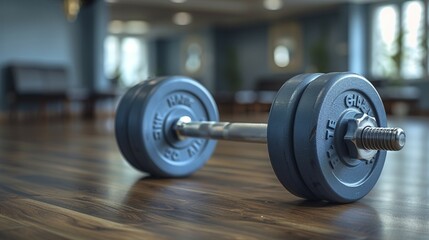 Naklejka premium Close-up of a dumbbell on a wooden gym floor with selective focus, AI generated