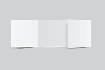 Blank trifold open leaflet, three panel fold with shadows mockup template on background .Open booklet, thank you card, notecards, flyer, greeting card, wedding invitation, postcard, brochure. Vector
