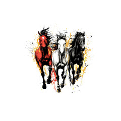 Fototapeta premium Three horses run towards the camera. Graffiti style illustrations white background