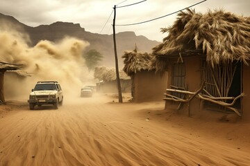 Fototapeta premium Cars racing through a desert village in a sandstorm, AI Generated, AI generated