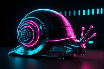 Fototapeta premium Portrait of a robotic snail, neon aesthetics, neo-noir. Generative AI.