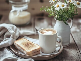 Tray with Cappuccino, Toasts, Linen Napkin, and Daisies