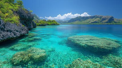 Obraz premium Serene tropical landscape with crystal clear water, vibrant coral reefs, and rugged mountains in a sunlit paradise.