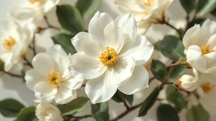 Fototapeta premium Beautiful white magnolia flowers blooming against a soft natural background.