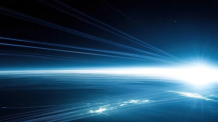 Plane at night. A serene view of the planet's curved horizon against the vastness of space, highlighted by thin, luminous atmospheric lines.