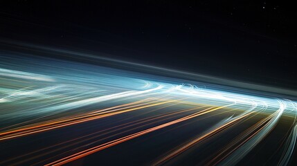 Plane at night. A serene view of the planet's curved horizon against the vastness of space, highlighted by thin, luminous atmospheric lines.
