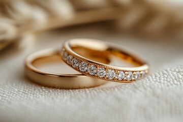 Elegant gold wedding rings with diamonds displayed on a textured surface, capturing the essence of love and commitment