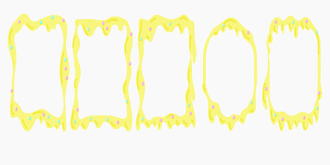 Yellow candy drips with scattered pearls on the forms - flowing sweet streams, sugary glaze with glossy melted texture Confectionery design element.