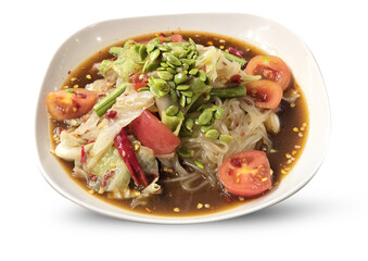 Papaya Salad with Rice Noodle on isolated white background, Thai street food