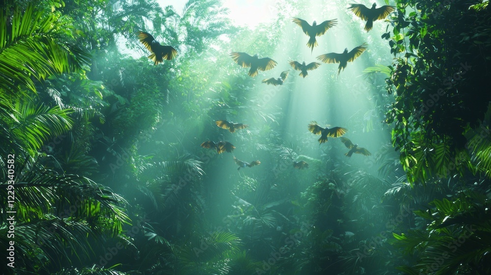 Poster a vibrant flock of exotic parrots takes flight over a dense jungle, their colorful feathers glisteni