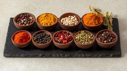 Assorted spices (paprika, turmeric, and peppercorns) on a black slate board, top view. picture